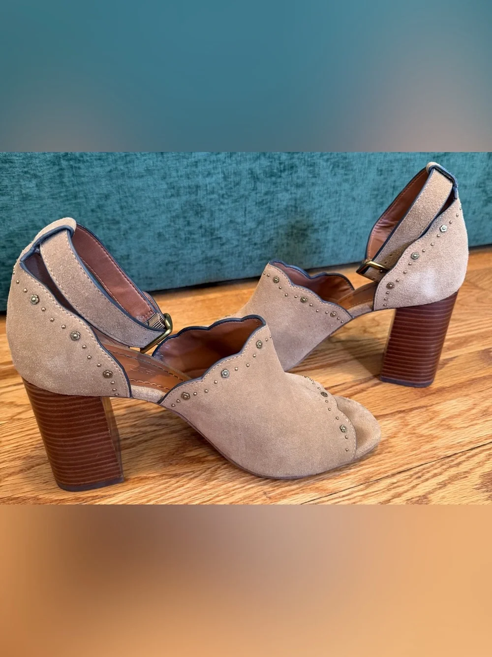 COACH Marnie Suede Block Heel Sandals Women’s 9.5 Tan Ankle Strap Heels w Box